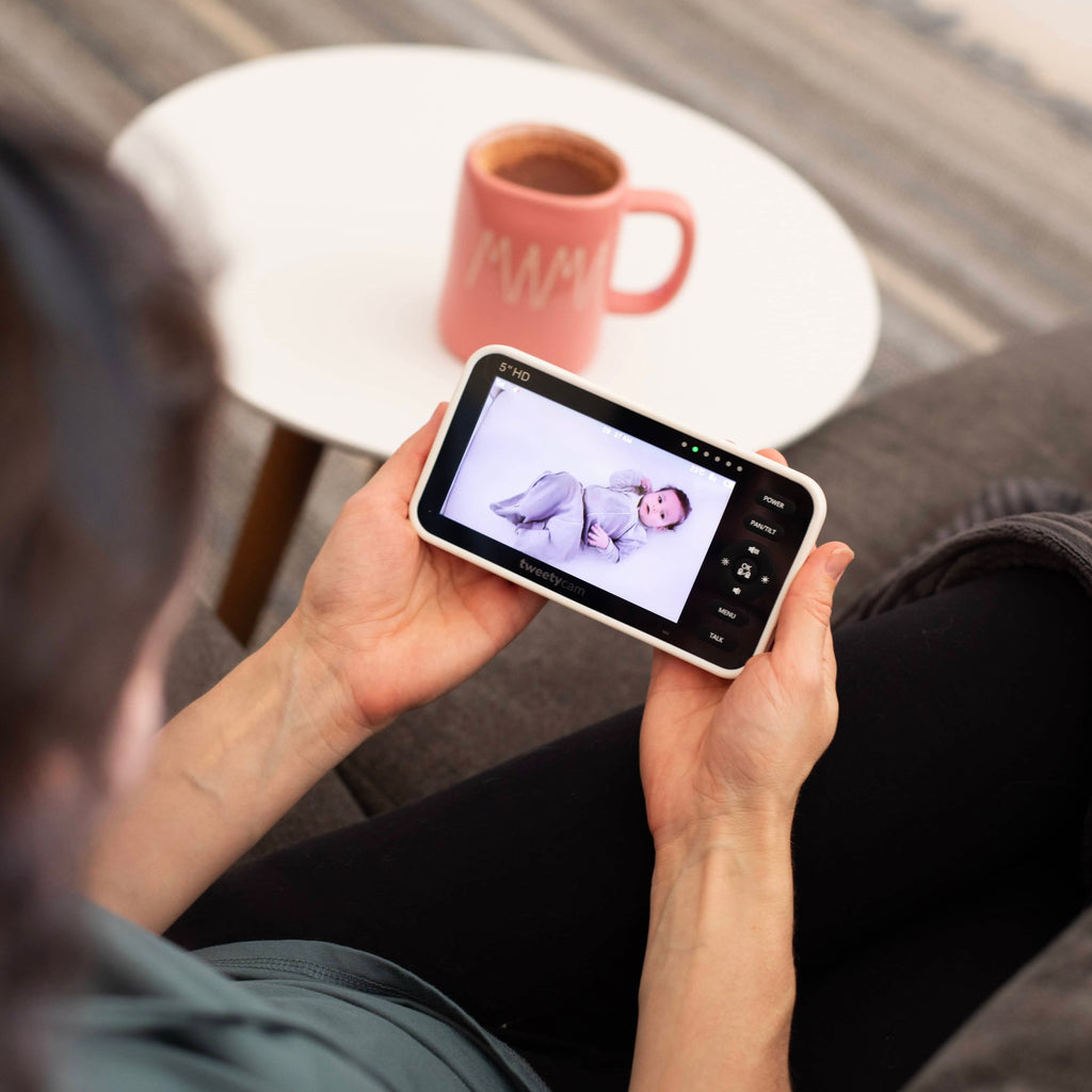 Tweetycam baby monitor displaying baby on screen, award-winning non-WiFi baby monitor Australia